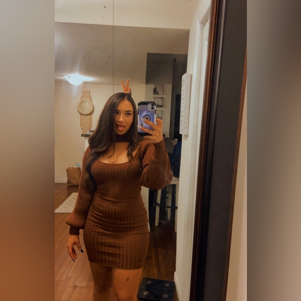 Brown two piece cutout turtle neck rubbed dress